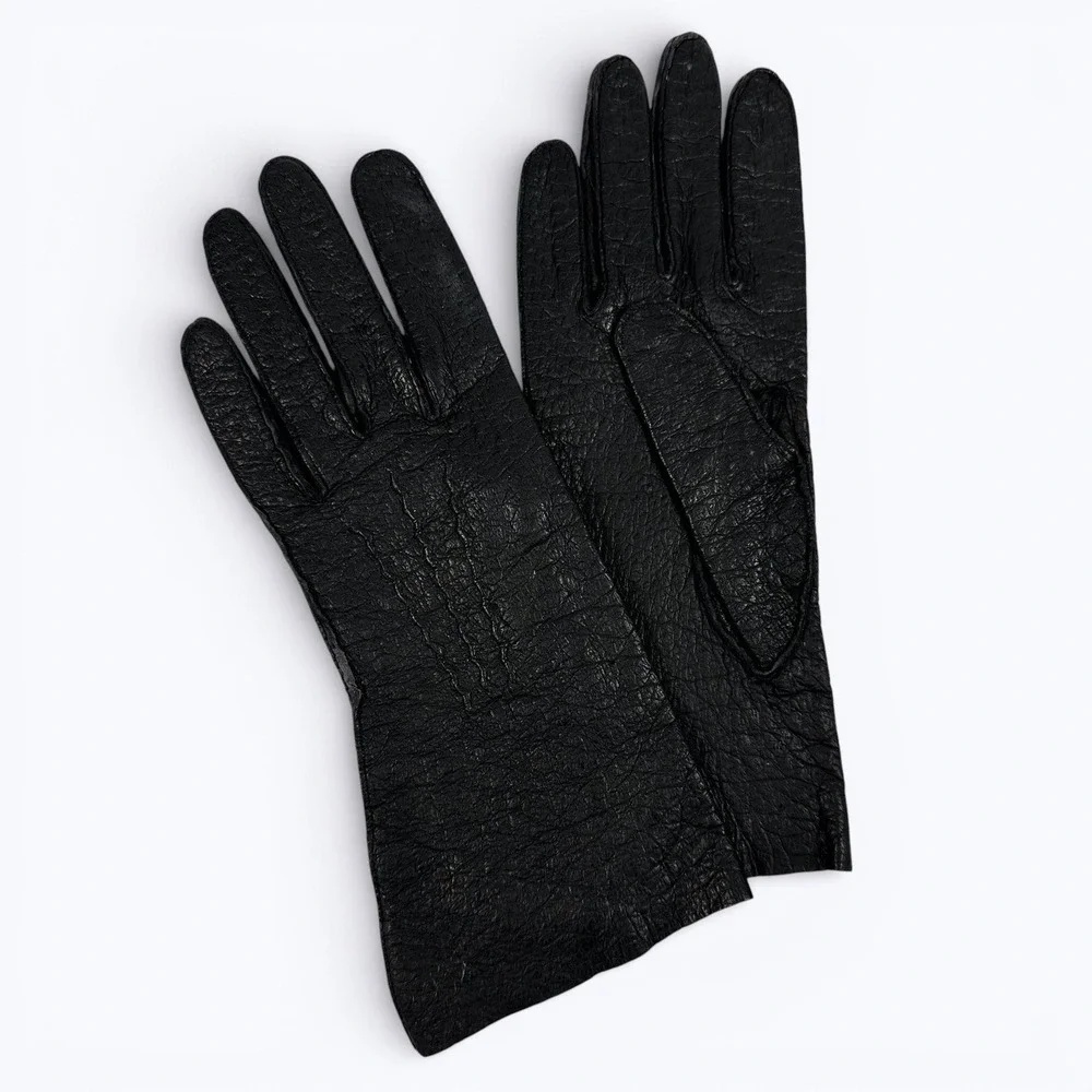 Vintage Black Genuine Pigskin Gloves‎ By Superb Flared Womens Sz 7